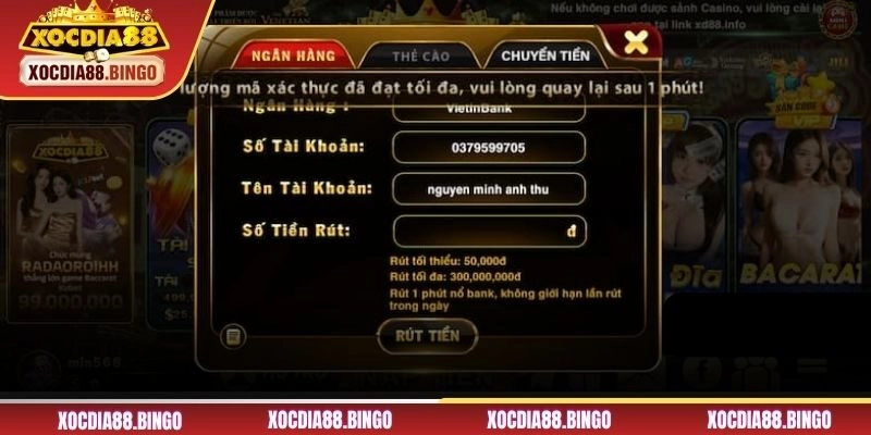Rút tiền thưởng XOCDIA88 bằng hình thức Ngân hàng 